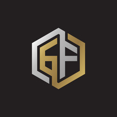 Initial letter GF, looping line, hexagon shape logo, silver gold color on black background