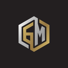Initial letter GM, looping line, hexagon shape logo, silver gold color on black background