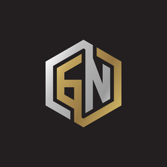 Initial letter GN, looping line, hexagon shape logo, silver gold color on black background