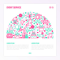 Fototapeta na wymiar Event services concept in half circle with thin line icons: kids party, gifts, birthday, magician, clown, videographer, party invitation, corporate, celebration. Vector illustration, web page template