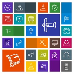 Modern, simple, colorful vector icon set with war, internet, plug, center, airport, baggage, service, dessert, map, luggage, retail, computer, fashion, construction, trolley, saw, people, plane icons
