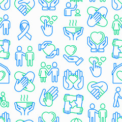 Help and care seamless pattern with thin line icons: symbols of support, help for children and disabled, togetherness, philanthropy and donation. Modern vector illustration.