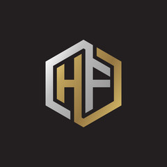 Initial letter HF, looping line, hexagon shape logo, silver gold color on black background