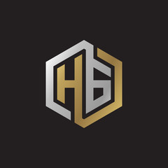 Initial letter HG, looping line, hexagon shape logo, silver gold color on black background