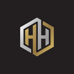 Initial letter HH, looping line, hexagon shape logo, silver gold color on black background
