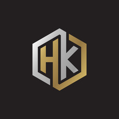 Initial letter HK, looping line, hexagon shape logo, silver gold color on black background