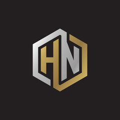 Initial letter HN, looping line, hexagon shape logo, silver gold color on black background