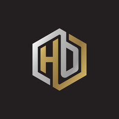 Initial letter HO, looping line, hexagon shape logo, silver gold color on black background