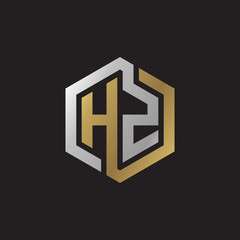 Initial letter HZ, looping line, hexagon shape logo, silver gold color on black background