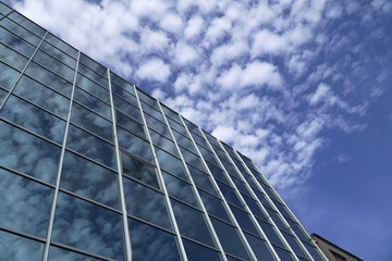 Cotton shaped clouds are reflecting on glass skyscraper
