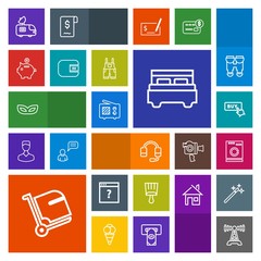 Modern, simple, colorful vector icon set with microphone, celebration, travel, unknown, luggage, antenna, call, paintbrush, signal, bed, paint, buy, communication, bag, baggage, party, laundry icons