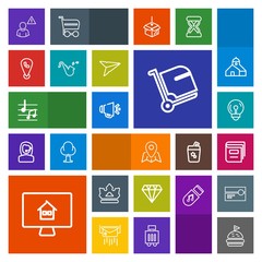 Modern, simple, colorful vector icon set with book, light, baggage, estate, tomato, bulb, education, loudspeaker, profile, musical, bag, pin, jewelry, airport, king, electric, mobile, phone, map icons