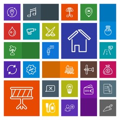 Modern, simple, colorful vector icon set with home, rain, ship, house, lamp, equipment, estate, location, nature, instrument, boat, drum, construction, traffic, business, sound, music, liquid icons