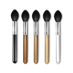 Vector Set of Black Clean Professional Makeup Blush Brush with Black White Wooden Handle Isolated on White Background