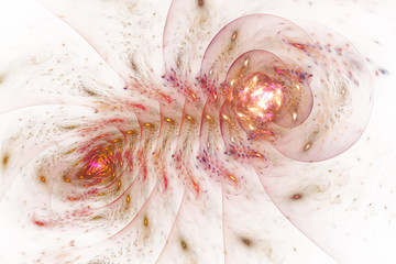 Abstract chaotic pink and orange shining shapes. Digital fractal art. 3D rendering.
