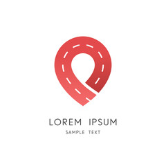 Place pointer logo - dividing strip or separation line on the road and placemark symbol. Destination address, position and location vector icon.