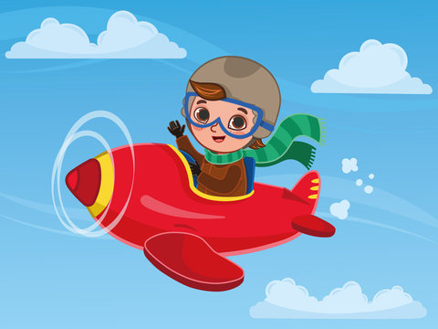Cute boy pilot flies on a red plane. Cartoon vector illustration