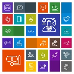 Modern, simple, colorful vector icon set with web, bag, thermometer, underwater, luggage, button, call, office, glasses, fashion, flipper, new, diving, ironing, clothes, travel, money, car, late icons