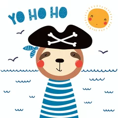 Cercles muraux Illustration Hand drawn vector illustration of a cute funny sloth pirate in a tricorn hat, with lettering quote Yo ho ho. Isolated objects. Scandinavian style flat design. Concept for children print.