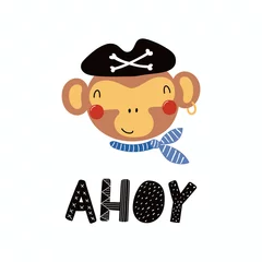 Sierkussen Hand drawn vector illustration of a cute funny monkey pirate in a tricorn hat, with lettering quote Ahoy. Isolated objects. Scandinavian style flat design. Concept for children print. © Maria Skrigan