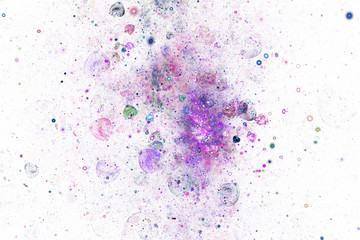 Abstract shining hearts and sparks on white background. Fantastic fractal texture in green, pink and blue colors. Digital art. 3D rendering.