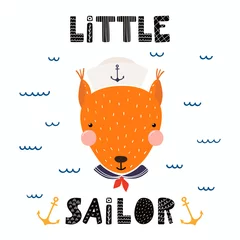 Zelfklevend Fotobehang Hand drawn vector illustration of a cute funny squirrel sailor in a cap and collar, with lettering quote Little sailor. Isolated objects. Scandinavian style flat design. Concept for children print. © Maria Skrigan