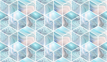 Panele Szklane  3d kostki. Abstrakcyjny wzór z niebieskimi i beżowymi marmurowymi teksturami. Fantazyjny projekt tapety lub tkaniny.
