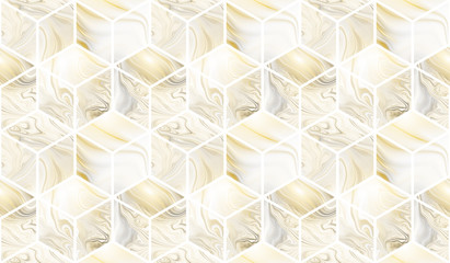 3d cubes. Abstract seamless pattern with golden and grey marble textures. Fantasy design for wallpapers or fabric.