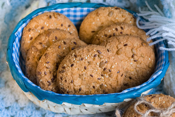 Cookies with sesame and sunflower seeds on plaid. Healthy eating