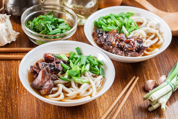 Japanese Udon noodles with beef, green onion and soup