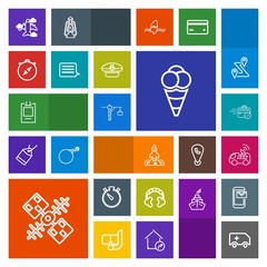 Modern, simple, colorful vector icon set with global, rescue, watch, emergency, saw, airplane, dessert, clock, headset, office, car, cream, satellite, sound, communication, badge, food, vehicle icons
