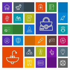 Modern, simple, colorful vector icon set with way, music, audio, direction, package, tap, sink, architecture, bag, sound, sign, home, discount, ladder, medicine, fashion, object, up, label, step icons