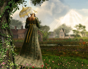 3d render of a Jane Austen style woman strolling countryside