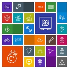 Modern, simple, colorful vector icon set with money, bodysuit, safety, structure, model, ship, adventure, thermometer, sale, boat, camp, bank, bag, business, way, package, outdoor, arrow, travel icons