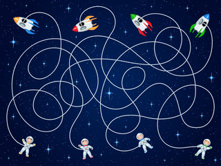 Четыре космонавта и четыре космических корабля плавают в открытом космосе со звездами. Распутайте шланги и отгадайте, где чей корабль? Детская игра лабиринт.