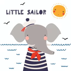 Wall murals Illustrations Hand drawn vector illustration of a cute funny elephant sailor in a cap, neckerchief, with lettering quote Little sailor. Isolated objects. Scandinavian style flat design. Concept for children print.