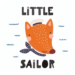 Sierkussen Hand drawn vector illustration of a cute funny fox sailor in a cap and neckerchief, with lettering quote Little sailor. Isolated objects. Scandinavian style flat design. Concept for children print. © Maria Skrigan