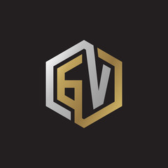 Initial letter GV, looping line, hexagon shape logo, silver gold color on black background