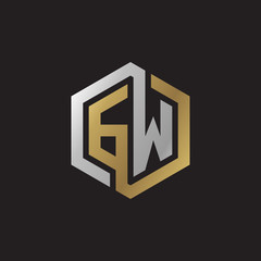 Initial letter GW, looping line, hexagon shape logo, silver gold color on black background