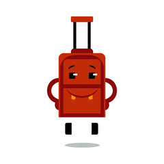 Happy suitcase cartoon character with smile on face ready for journey isolated on white background. Vector illustration of joyful luggage bag for vacation or business traveling.