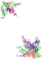 Watercolor hand painted background with abstract purple flowers. Elements for design