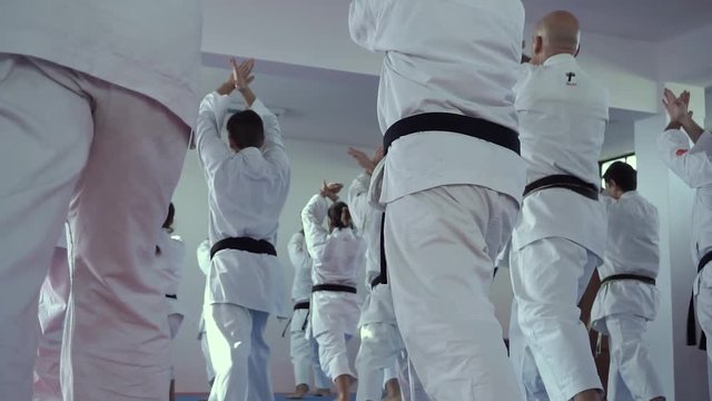 Slider shot of adults wearing black belts training karate lesson with a teacher.