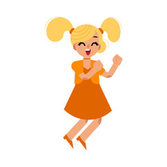 Cute blonde girl in orange dress dancing. Female teenage cheerful character in casual clothing having fun dancing, jumping and smiling cheerfully. Vector flat isolated illustration