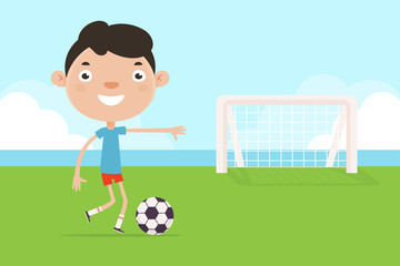 Boy Playing Football . Flat Design Style.