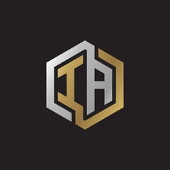 Initial letter IA, looping line, hexagon shape logo, silver gold color on black background