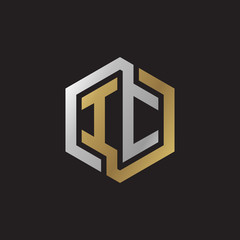 Initial letter IC, looping line, hexagon shape logo, silver gold color on black background