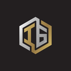 Initial letter IG, looping line, hexagon shape logo, silver gold color on black background