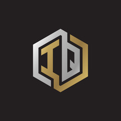 Initial letter IQ, looping line, hexagon shape logo, silver gold color on black background