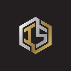 Initial letter IS, looping line, hexagon shape logo, silver gold color on black background