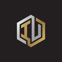 Initial letter IU, looping line, hexagon shape logo, silver gold color on black background